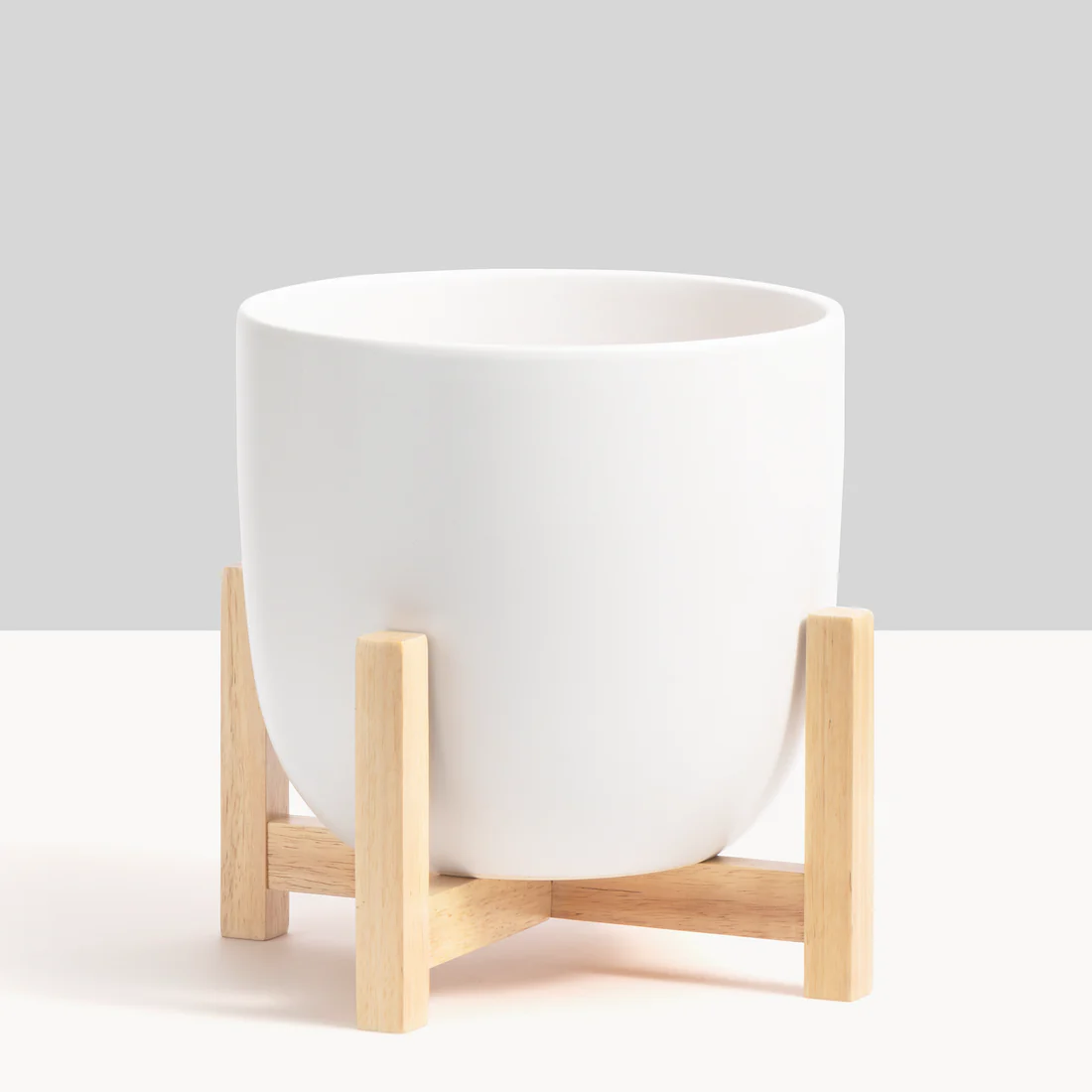 7" Contour Ceramic Planter + Wood Stand - White - Image 2