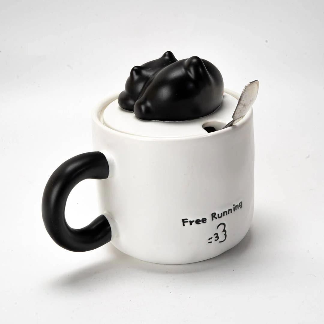 Black Cat Mug with Lid and Spoon - Image 2