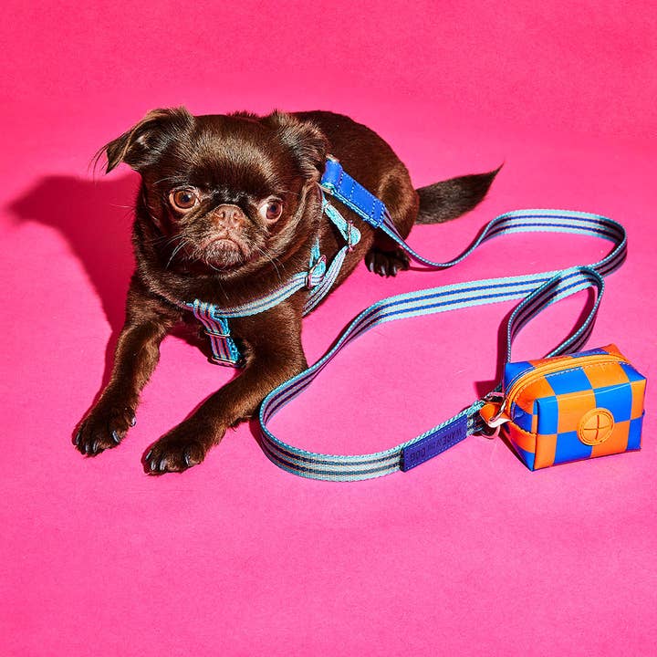 Checkered Vinyl Poo Bag Pouch - Blue/Orange - Image 2