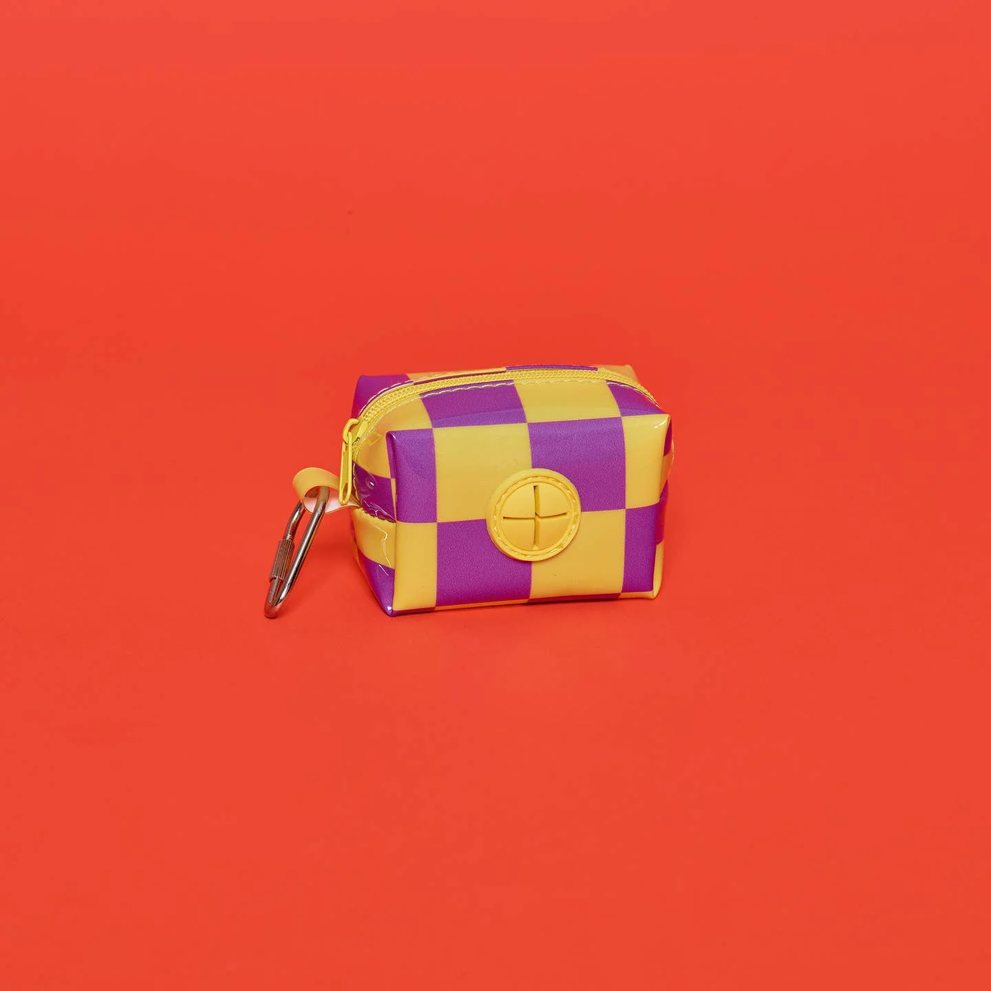 Checkered Vinyl Poo Bag Pouch - Yellow/ Purple