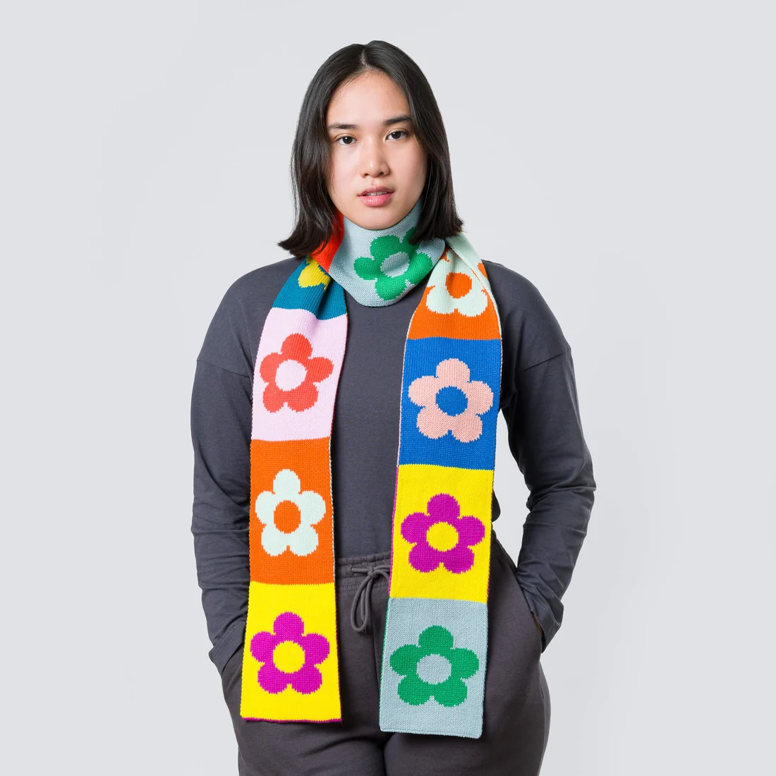 Flower Block Skinny Knit Scarf - Rainbow - Image 3
