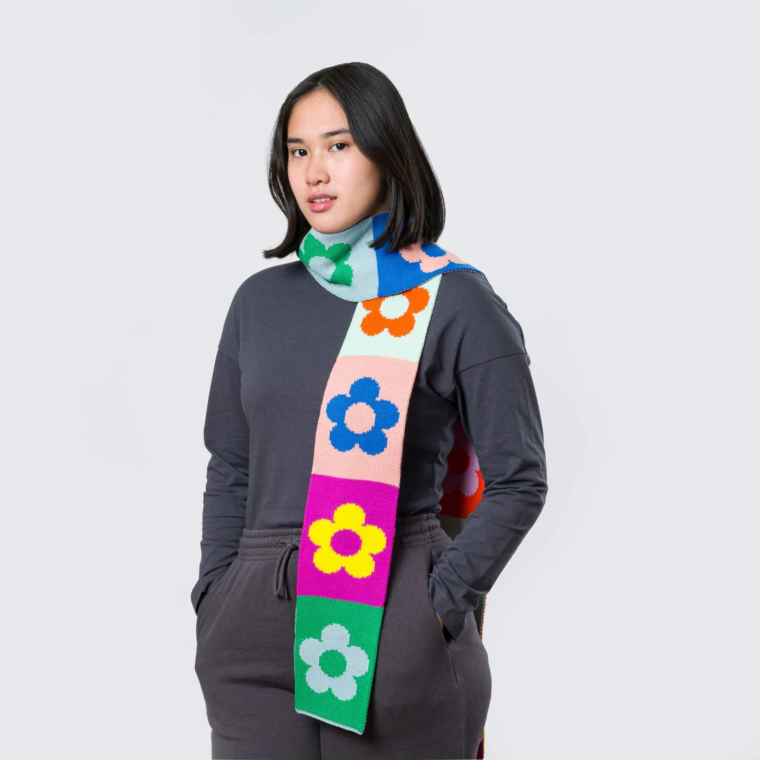 Flower Block Skinny Knit Scarf - Rainbow - Image 4