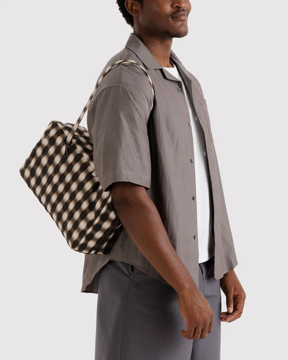 Medium Nylon Bowler Bag - Blurred Gingham Brown - Image 2