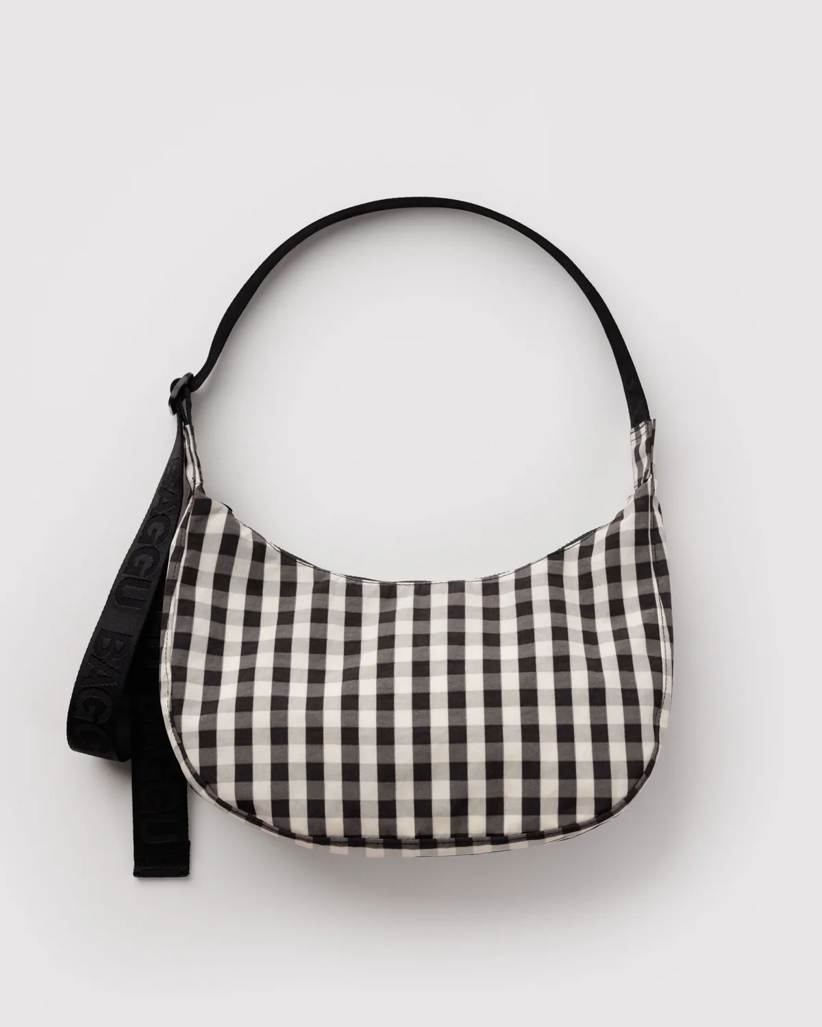 Medium Nylon Crescent Bag - Black and Cream Gingham