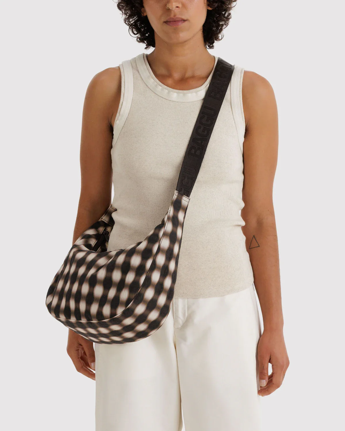 Medium Nylon Crescent Bag - Blurred Gingham Brown - Image 2