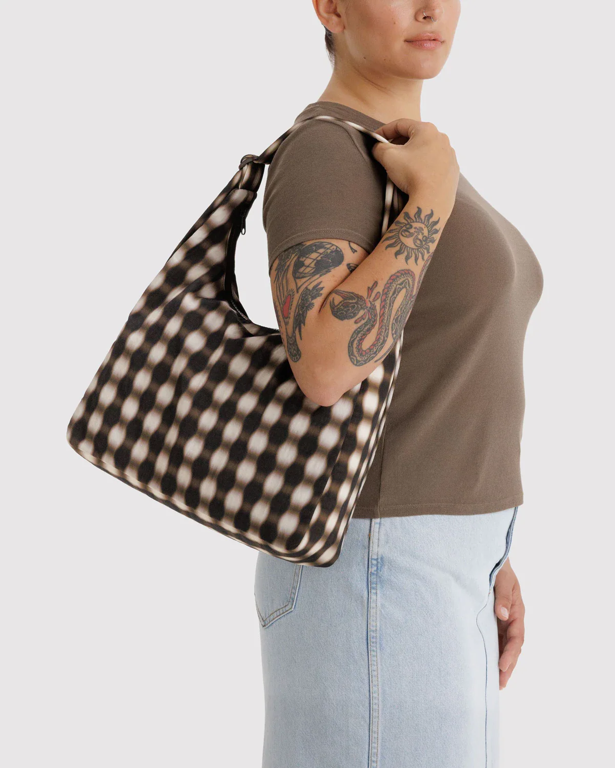Nylon Shoulder Bag - Blurred Gingham Brown - Image 2