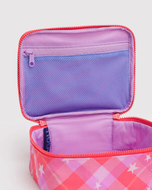 Small Cosmetic Case - Pink Star Plaid - Image 3