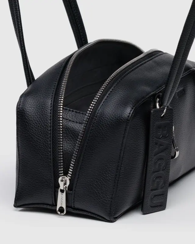 Small Recycled Leather Bowler Bag - Black - Image 4