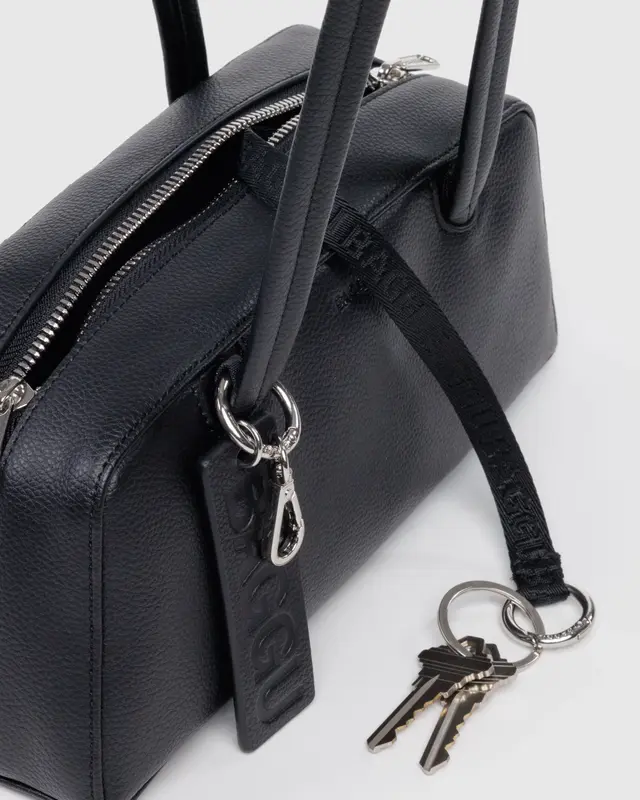 Small Recycled Leather Bowler Bag - Black - Image 5