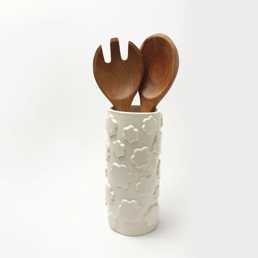 White Flower Utensil Holder/Vase