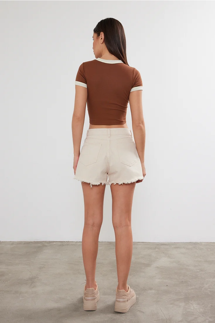 Women's Blank Two Tone Basic Crop Top - Brown - Image 3